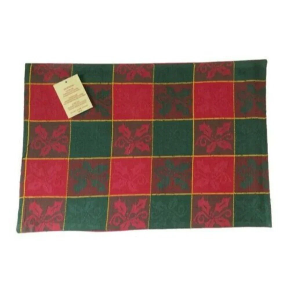 Lintex Christmas Plaid Placemats Holly Green Gold Red 13x19 Holiday Set of 4